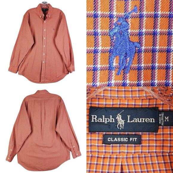 Polo Ralph Lauren Shirt Oxford Button Down Orange Plaid LS Size Medium M - Picture 1 of 9